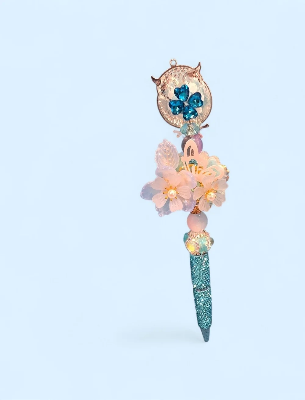 Decorative Owl Crystal Ballpoint Pen - Pastel Teal & Gold